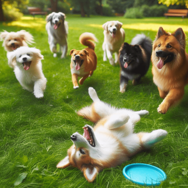 Group of happy dogs running in a park with one rolling on the grass, representing the gentle care of unscented dog dry shampoo