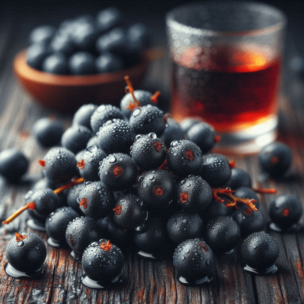 A pile of ripe blackcurrants with water droplets next to a glass of cassis juice, representing the rich, fruity scent of Cassis fragrance.