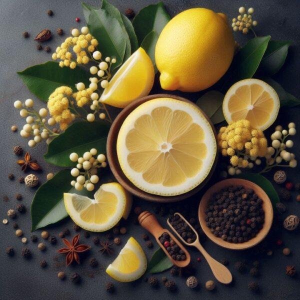 A beautifully arranged mix of lemons, black peppercorns, and litsea cubeba flowers, symbolising the vibrant and energising fragrance of this essential oil blend.