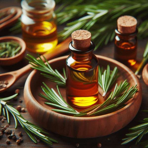 A wooden bowl with bottles of rosemary and tea tree essential oil surrounded by fresh rosemary sprigs, evoking a sense of natural refreshment and clarity.