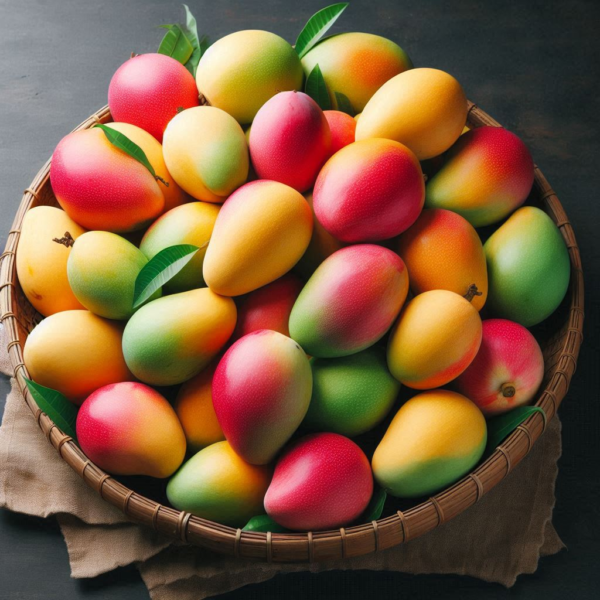 A basket filled with ripe, colorful mangoes, representing the tropical and sweet fragrance of mango for a refreshing and vibrant home scent.