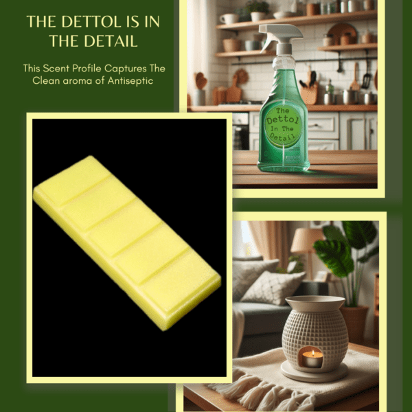 A Dettol-scented wax melt in bright yellow, paired with a spray bottle and a wax warmer in a cozy home setting, representing a clean, antiseptic home fragrance.