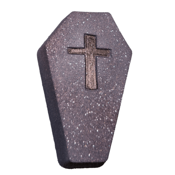 Halloween Black coffin-shaped bath bomb with a cross design and sparkly finish