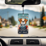 Car Fragrancing 5 Car freshener featuring a cute dog driving a car with the phrase 'My Car, My Rules,' perfect for dog lovers