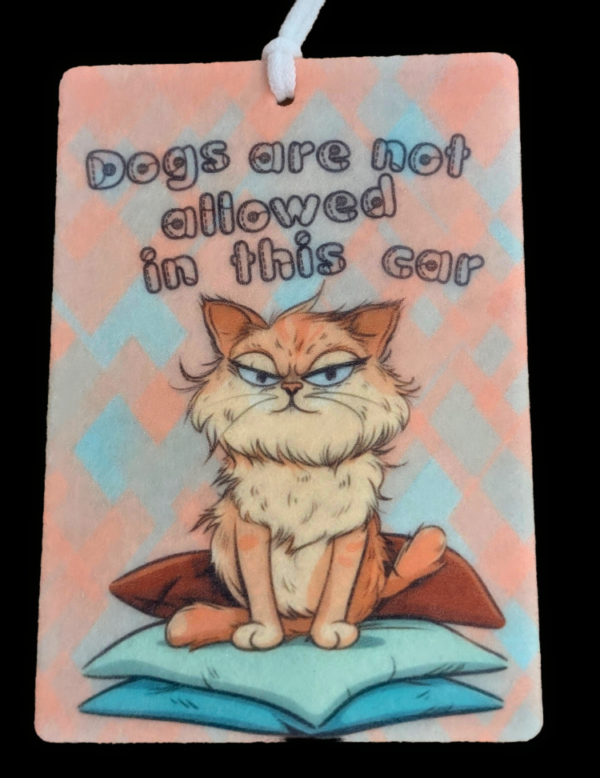 Humorous car freshener with a grumpy cat illustration and the text 'Dogs Are Not Allowed In This Car,' ideal for cat lovers