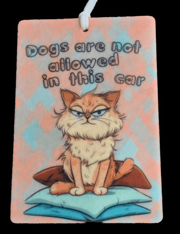 Humorous car freshener with a grumpy cat illustration and the text 'Dogs Are Not Allowed In This Car,' ideal for cat lovers