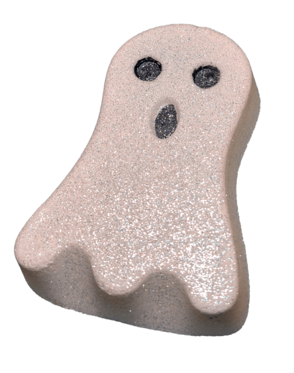 Halloween Ghost-shaped bath bomb with sparkly white finish and black eyes and mouth