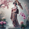 Elegant Geisha Among Cherry Blossoms – ‘Madam Coco’ Fragrance Art Graceful Japanese geisha holding a parasol, standing among cherry blossoms and orchids, representing The Schmoo’s ‘Madam Coco’ fragrance.
