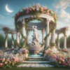 Classical Garden Temple with Floral Fountain – ‘Olympia’ Inspiration Statue fountain in a classical floral garden temple under a crescent moon, representing The Schmoo’s ‘Olympia’ scent.