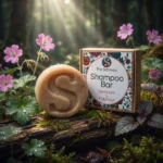 geranium and patchouli shampoo bar in woods