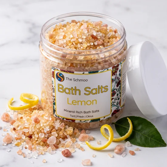 bath salts open lid and lemon peel